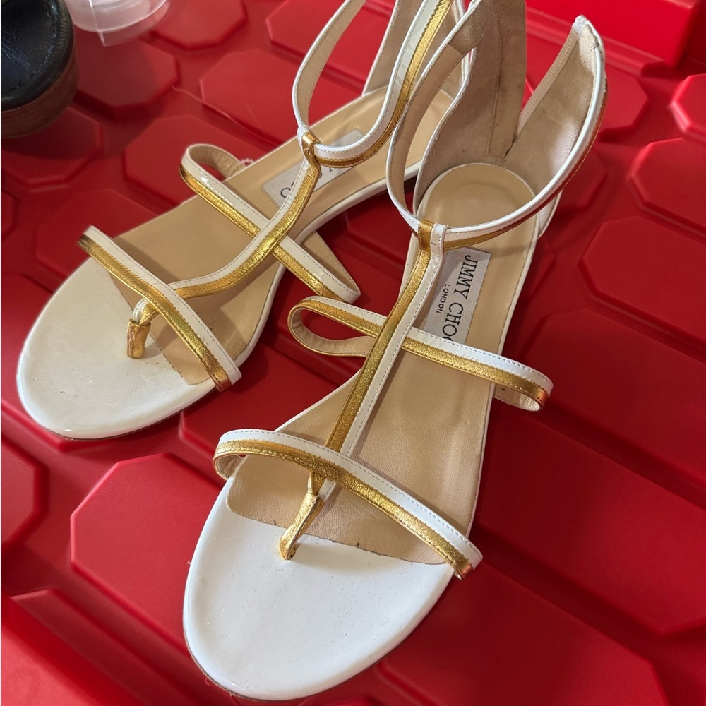 Jimmy Choo Gold and White Sandals